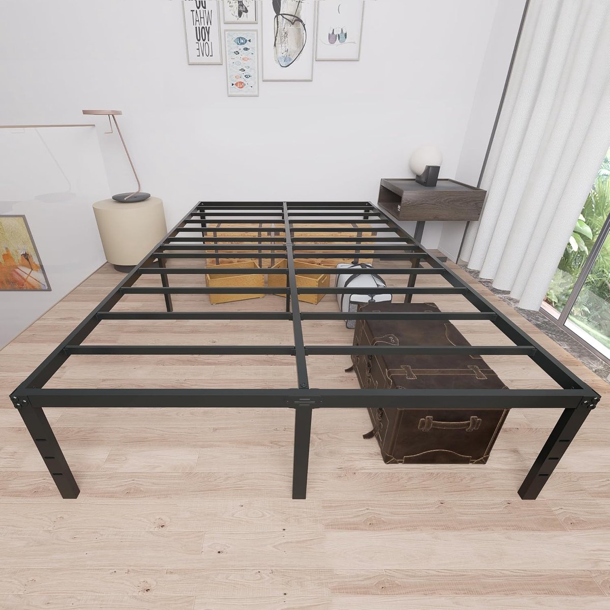 Bedframe 140 x 200 cm, metalen bedframe met lattenbodem, tweepersoonsbed, jeugdbed, logeerbed van metaal, bedframe voor slaapkamer en logeerkamer