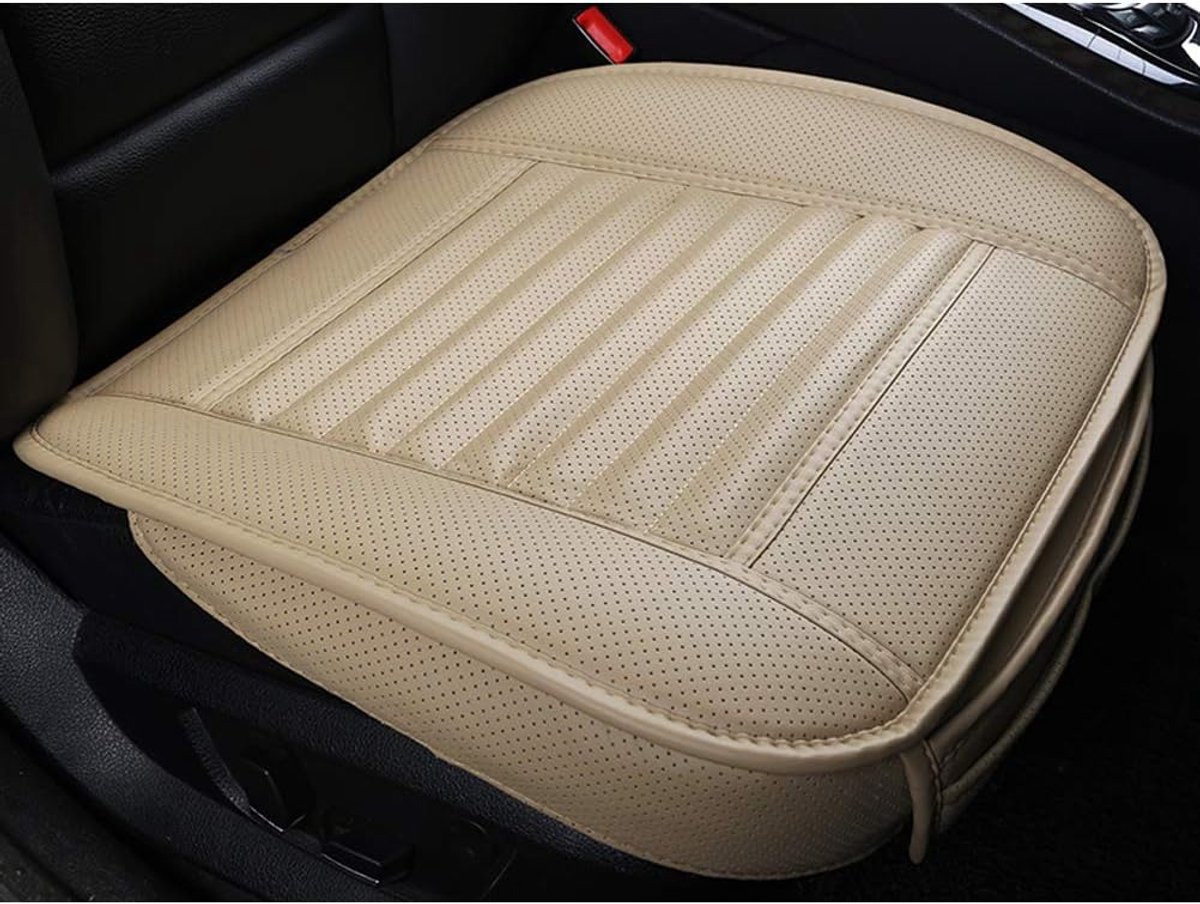 Leren Autostoelhoes voor Voorstoel – Ademende Autostoelbeschermer met Bamboehoutskool, Volledig Omsloten Zitvlak,| Universele Pasvorm voor 95% van Auto's | 52 × 51 cm | 1 Stuk Beige