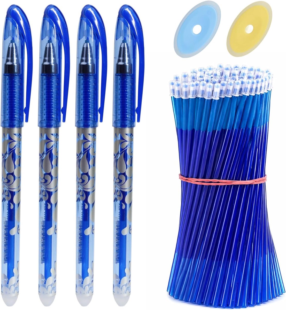 Uitwisbare pennen 0,5 mm, set van 4 pennen met 50 uitwisbare inktvullingen en 2 gummen, blauwe uitwisbare pen met vloeibaar schrijven voor school, kantoor, studenten en dagelijks gebruik