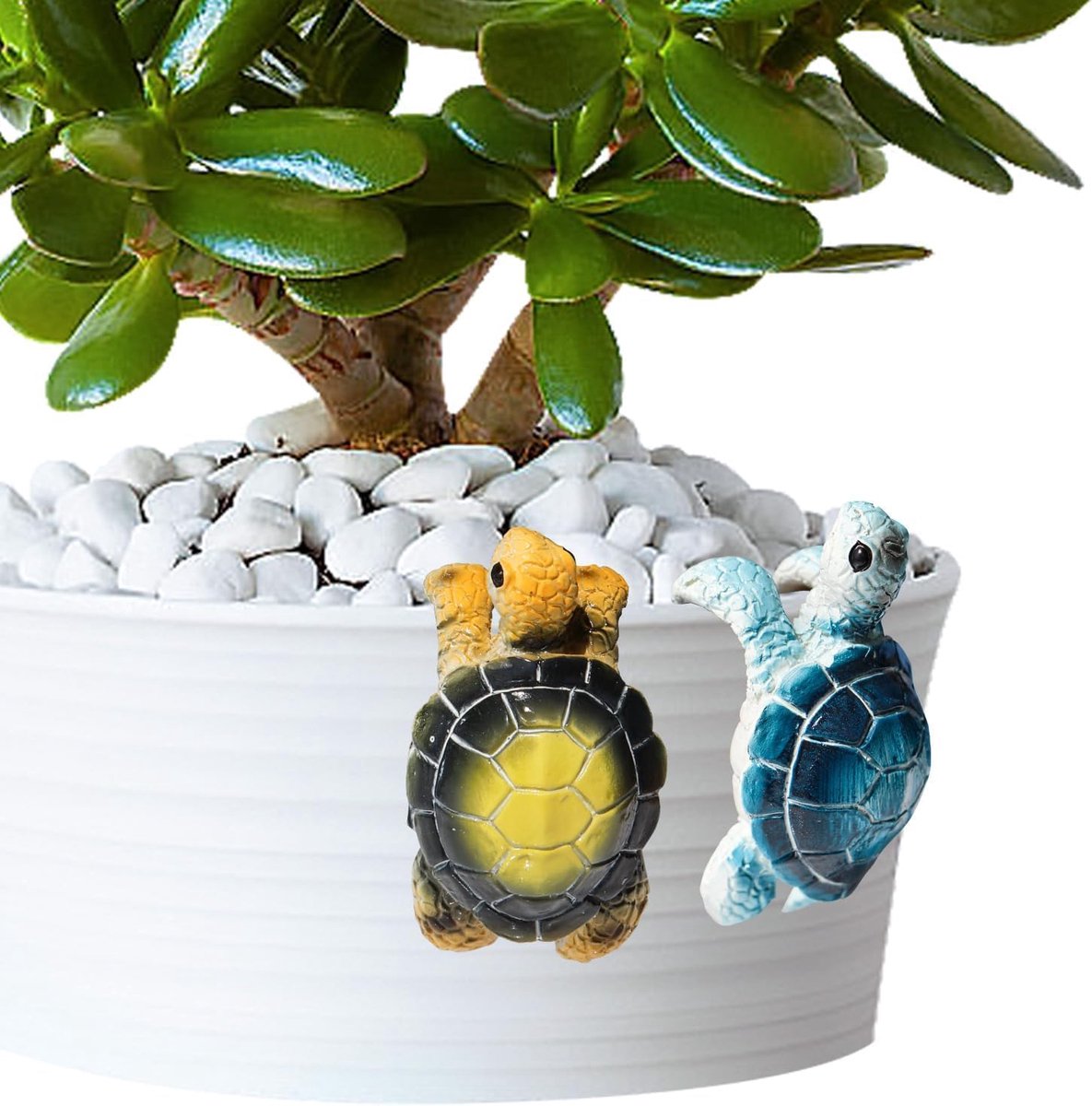 2-pack schildpadpotknuffels - grillige harsplantendecoraties voor terracotta potten, hekken en balkons | schildpadbeeldjes voor binnen/buiten (geel en blauw)