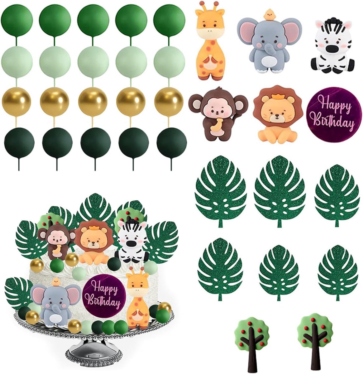 34-delige taartdecoratie voor verjaardag, jungle-stijl, decoratie ballen en bosdieren, topper voor verjaardagstaart en themafeesten met jungle-thema