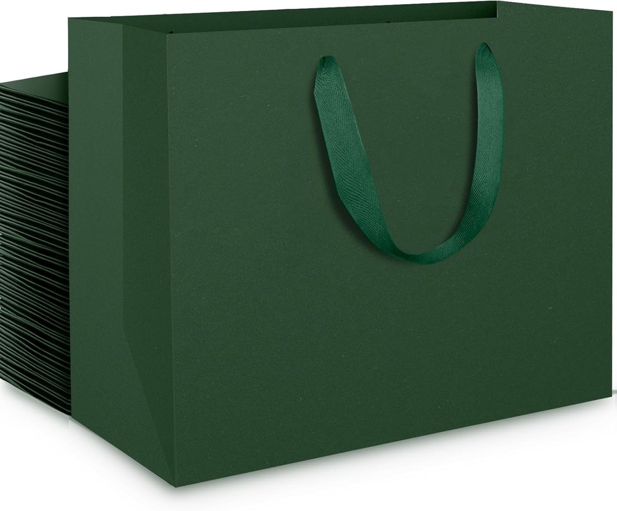 Donkergroene Cadeauzakjes - 50 Stuks Verjaardag Gift Bags - M 27x8x21cm 230GSM Papieren Zakjes met Handvatten - Middelgrote Papier Cadeauzakken voor Feestdagen Vakantie