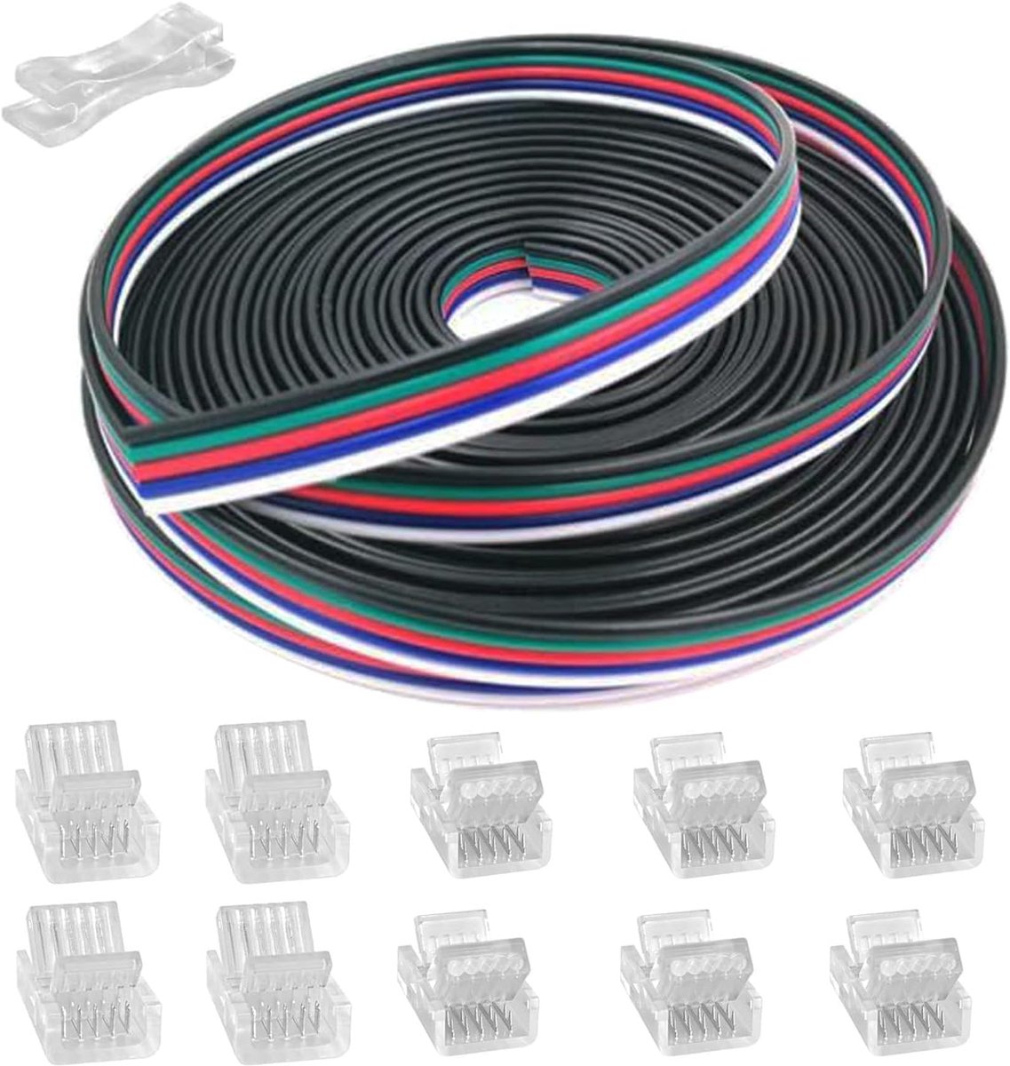 Led-verlengkabel, 10 m, 5-polige verbindingskabel voor ledstrip, incl. naadloze stekker, 5-polige 12 mm stekker voor 5050, 3528, 2835 ledstrips