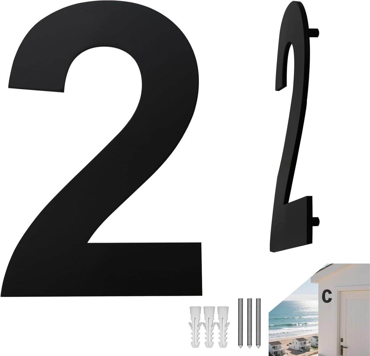 Huisnummer antraciet zwart huisnummers huis House nummer 152mm/6in huisnummer massief roestvrij weerbestendig corrosiebestendig huisnummerplaat groot voor buiten brievenbus (nummer 2)