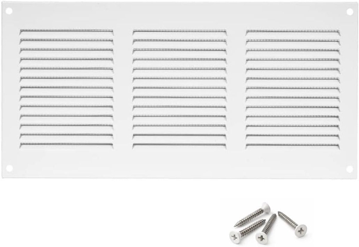 300x150mm Wit Stalen Ventilatierooster met Muggengaas - Metalen Ventilatieroosters