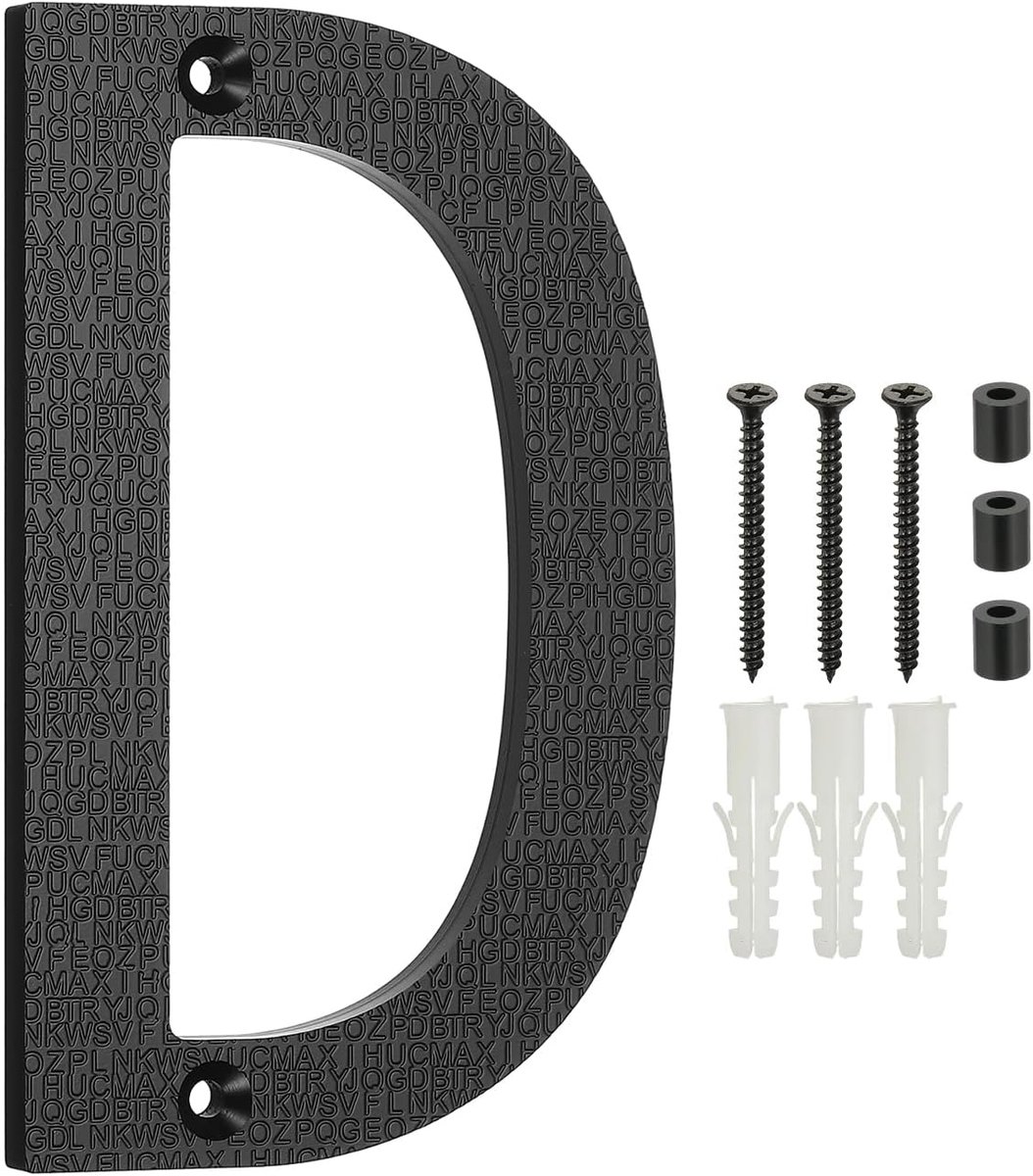 Huisnummers voor Buiten, Letter D ABS Plastic Textuur Drijvend Huisnummer Moderne Brievenbus Adres Deurnummers met Nail Kit voor Outdoor Woonstraat, Zwart