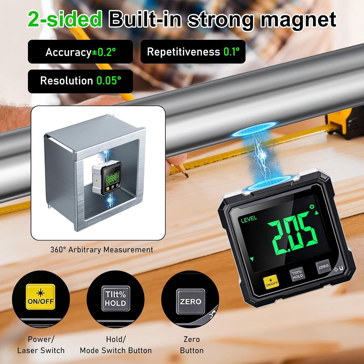 Gradenboogmeter, laserhellingsmeter, magneetvoet, oplaadbaar, digitale waterpas met lcd-display, hoekzoeker inklinometer, magnetische elektronische waterpas voor houtbewerking, bouwprojecten