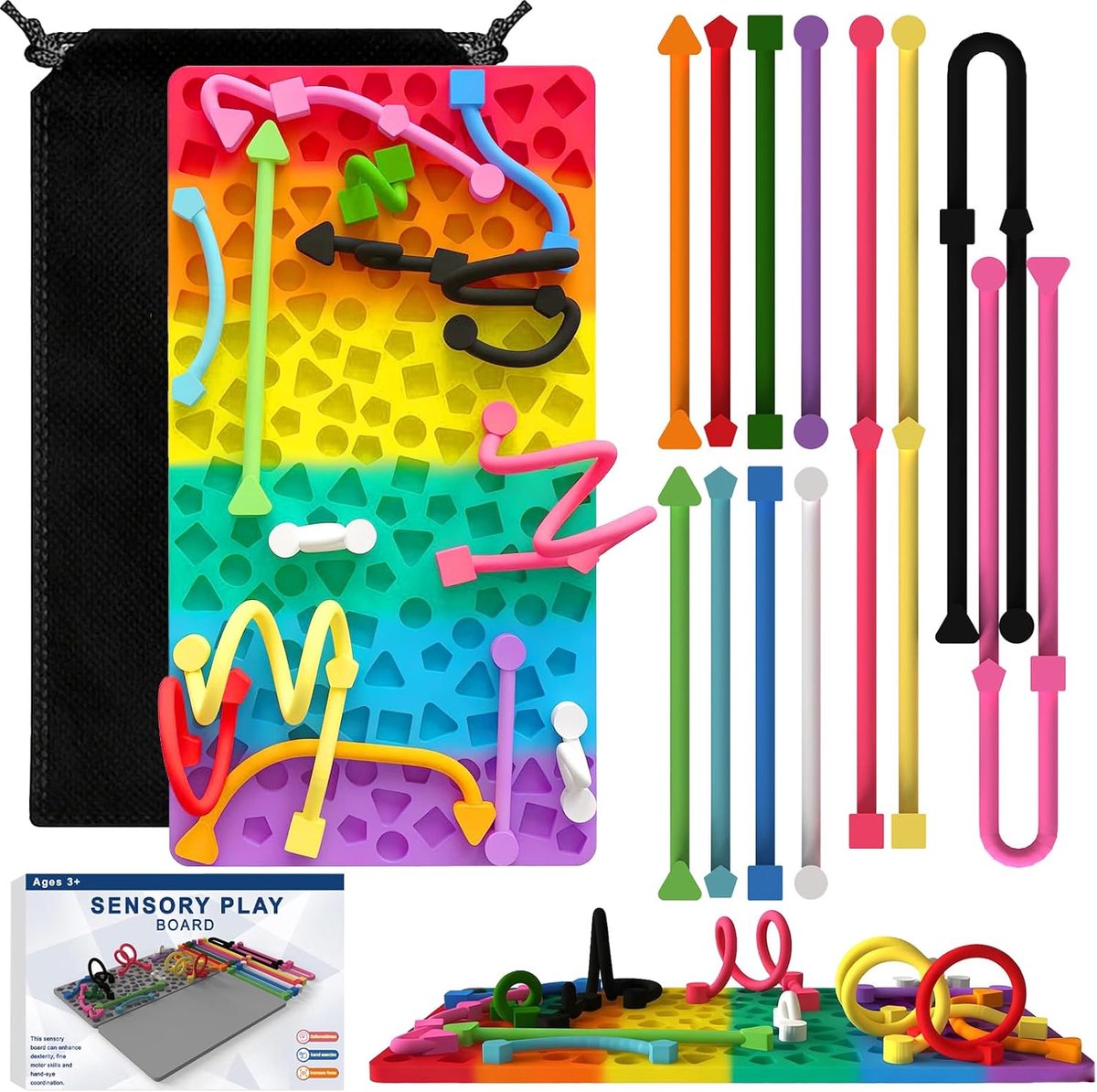 Activity Board voor sensorische activiteiten van siliconen, fidgetspeelgoed, autisme, ADHD, met reistas en 12 snaren, tactiel sensorisch speelgoed ter verlichting van stress en angst