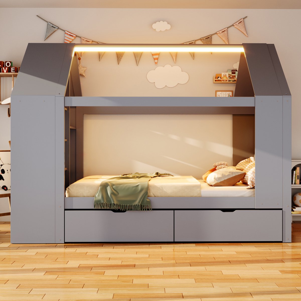 VVBV Kinderbed 90x200 cm - Opbergruimte, Huisvorm, LED-Verlichting, Met Lades - Grijs, Massief Hout