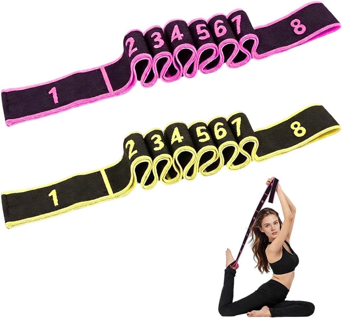 Set van 2 Elastische Yoga Stretch Bands voor Krachttraining en Oefeningen met 8 Ringen - Ideaal voor Pilates, Gymnastiek en Fitness
