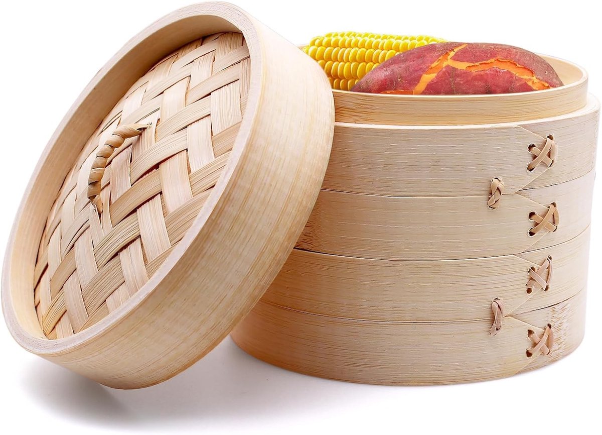 Bamboe Stoompan - Houtkleur - 21 cm - 2-laagse Bamboestomer met Deksel en Siliconen Stoommatten - Voor Gezond Koken