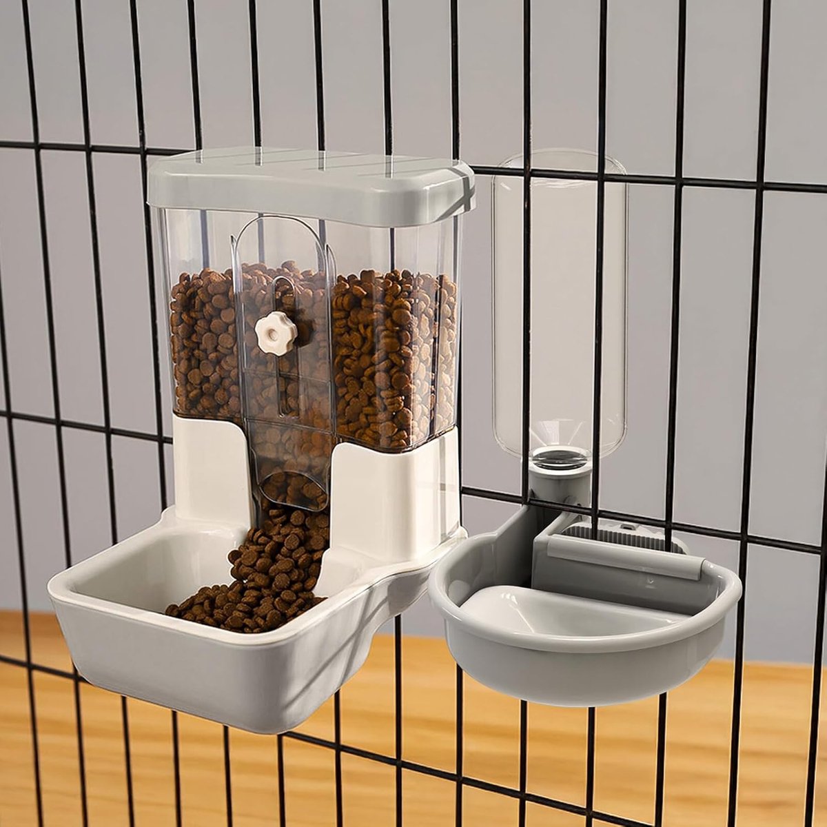 Voer- en Waterdispenser voor Huisdieren, Set van Zwaartekrachtswaterbak voor Honden, Katten, Konijnen, Cavia's, Chinchillas, Fretten, Egel (Grijs)