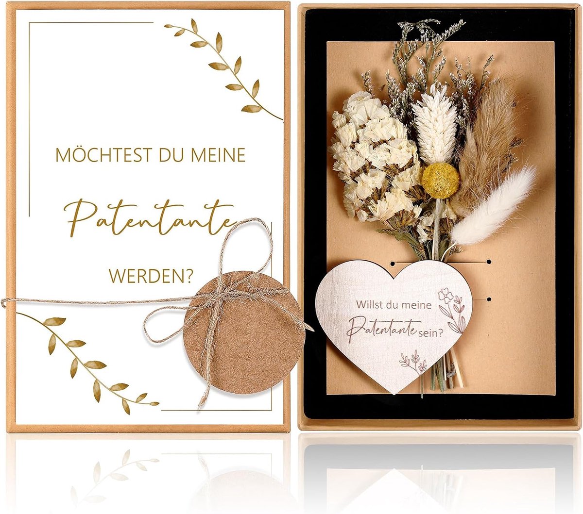 Wilt du My Patentante, cadeauset inclusief gedroogde bloemen, wenskaart, hartvormig houten bord met geschenkdoos, origineel dooppatijngeschenk
