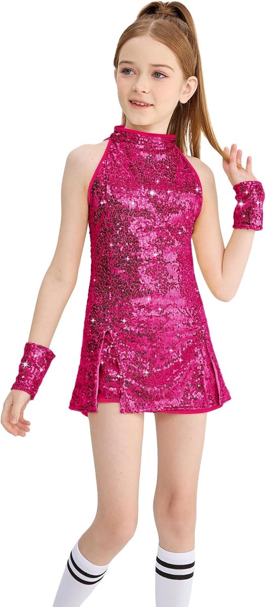Meisjes Pailletten Dans Kostuum Outfits voor Streetdance Fonkelende Hip Hop Jazz Dans Jurk Set | 4 stuks dansset: haltertop, shorts, armbanden, sokken, paillettenoutfits voor Kerstmis, Halloween, hiphop, themafeest