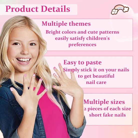 120 stuks kindernagels, nagels om op te drukken, met Jelly lijm, 5 verschillende designs, kunstnagels voor kinderen, mooi cadeau voor meisjes, TD153-6 — afbeelding 3