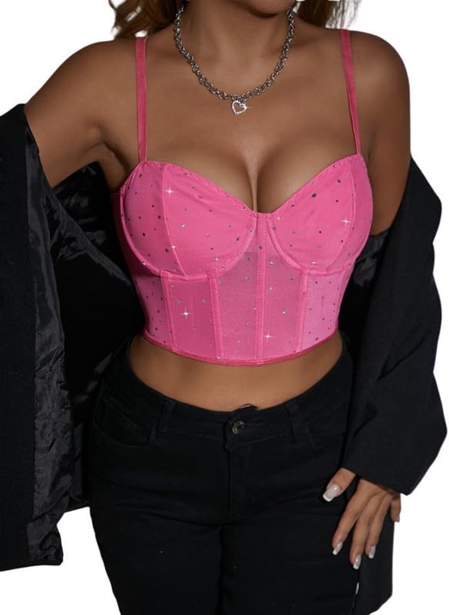 Tanktop voor dames, glinsterende korset, top, zomer, bovenstuk, sexy kant, bustier, spaghettibandjes, korset met push-up-effect, crop tops, party, korset, rave outfit, Y2k tanktop, basic