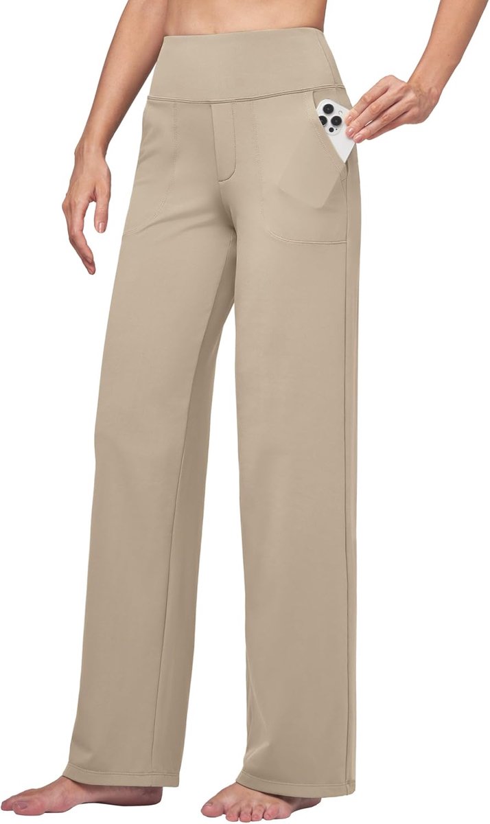 Yogabroek voor dames, brede pijpen, stretch, sportbroek, joggingbroek, hoge taille, buikcontrole, vrijetijdsbroek, werk, casual broek met zakken