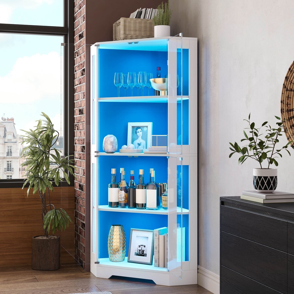 Desmiu Keukenkast – 165 Cm – Met Led Verlichting En Drukopening – MDF En Glas – Wit – Stauraam En Presentatie Voor Keuken En Eetkamer