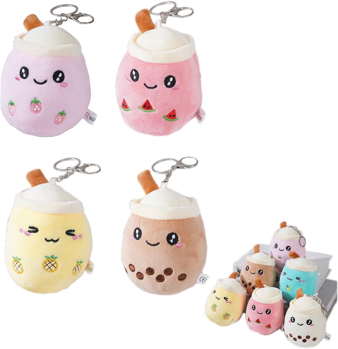 4 PCS Boba Sleutelhanger, Knuffel sleutelhanger Melk, Kawaii Sleutelhanger, Voor Kinderen, Meisjes en Volwassenen (Roze, Geel, Roze Rood, Bruin)