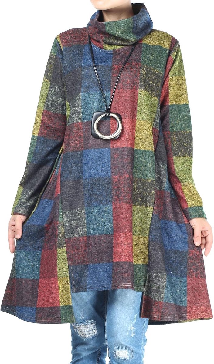 Dames coltrui jurk geruite lange mouwen katoenen tuniek tops