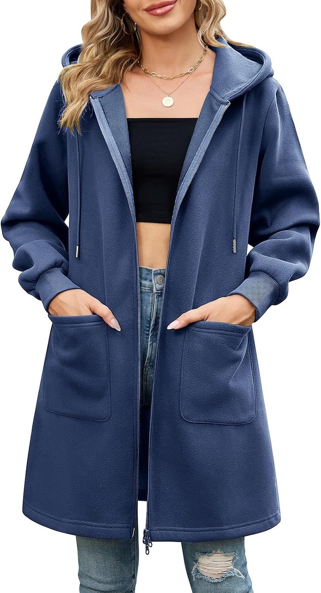 Fleecejack voor dames, sweatjack met capuchon, lange capuchon, ritssluiting, hoodie, jas, lente, herfst, lang, met capuchon, elegante overgangsjas met zakken