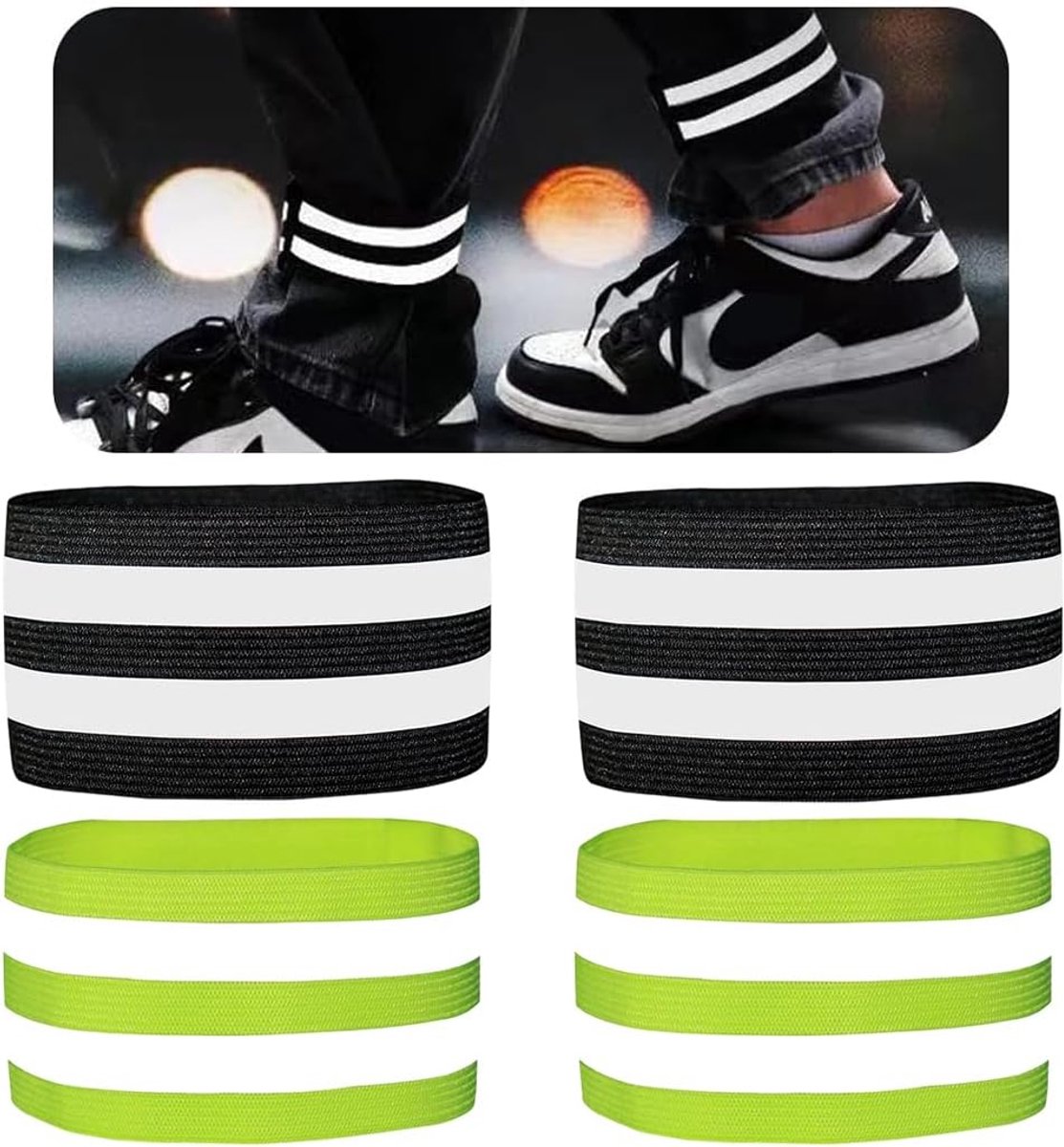 Banden, elastische banden met klittenbandsluiting, broekbescherming voor wielrennen, joggen, wandelen, 2 neongroen en 2 zwart