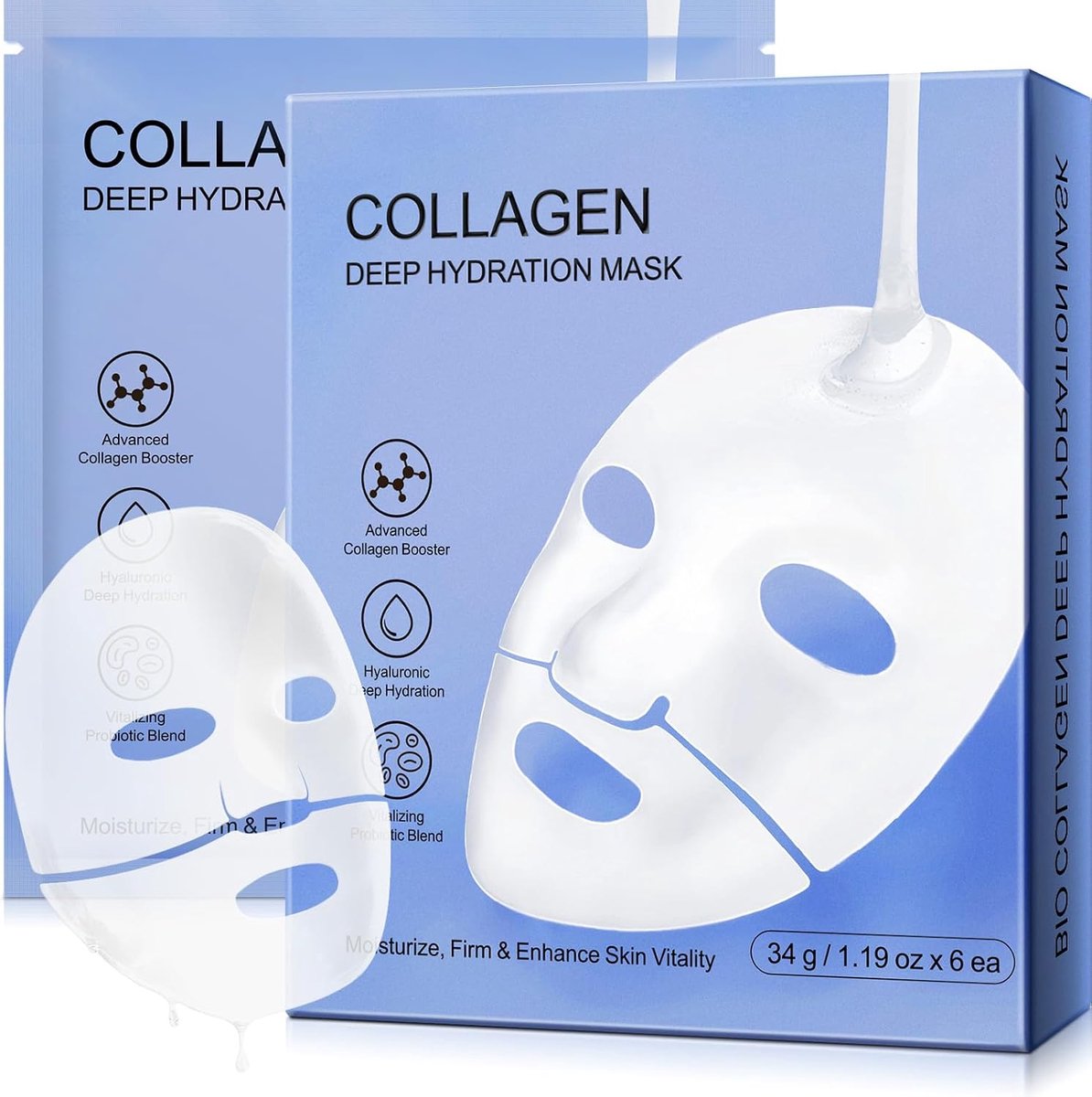 Gezichtsmasker, collageen Real Deep Mask, Deep Collagen Overnight Mask, met collageen met laag molecuulgewicht, verkleint poriën en verbetert de elasticiteit, 34 g x 12 stuks