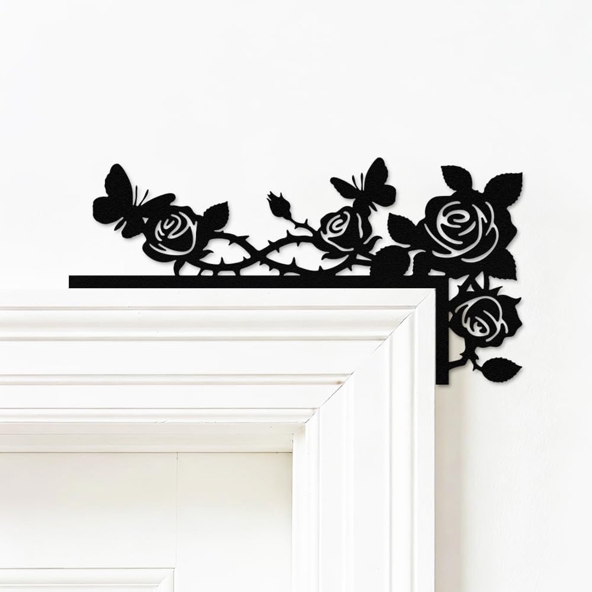 1Pc Metalen Deur Topper Decor 30x15Cm Zwart Ijzer Deur Frame Accent Vlinder Rose Blad Topper Voorveranda Muur Plaque Mat Zwart