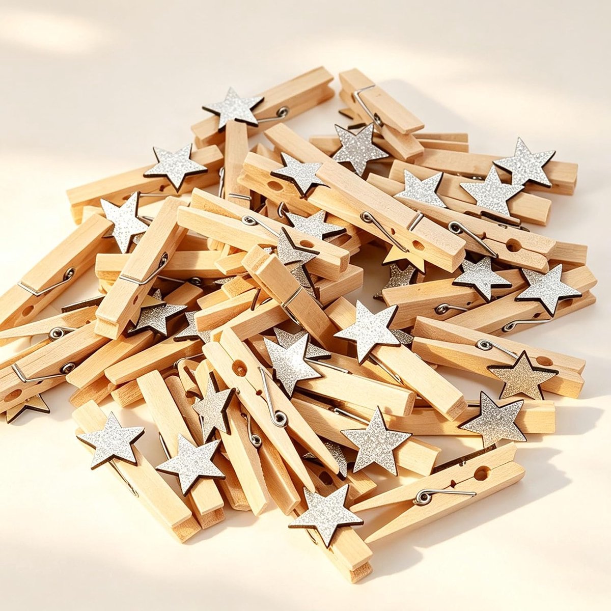 50 stuks glitter houten knijpers sterren decoratieve knijpers Kerstmis wasknijpers hout F. adventskalender zilveren ster klemmen om te knutselen, versieren en decoreren zilver