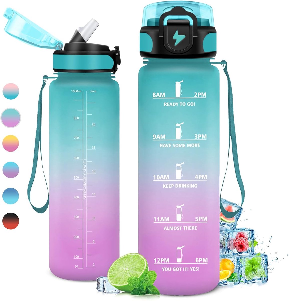 1 l, lekvrije fitnessfles, motiverende drinkfles met rietje, sportwaterfles met tijdweergave, drinkfles voor volwassenen, fiets, reizen, sport, school