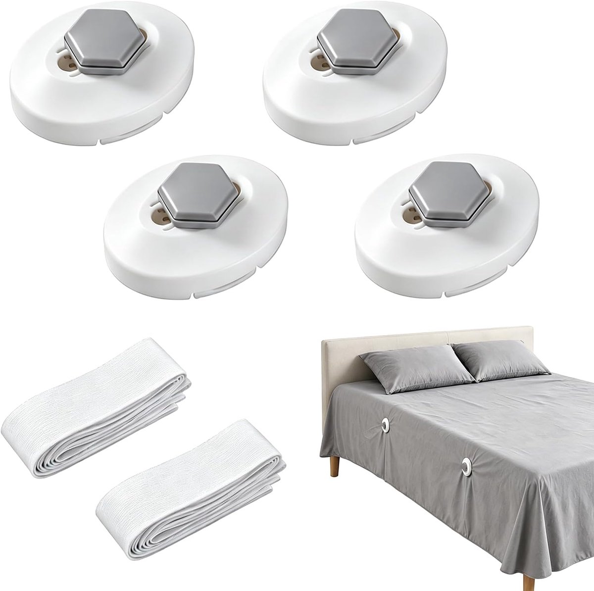 Lakenhouders voor beddengoed, hoeslakenclips, bedlakenhouder 4 clips 2 elastische banden, dubbele bevestiging met riem en clip, zacht voor matras, eenvoudige installatie, grijs, geschikt voor bedden