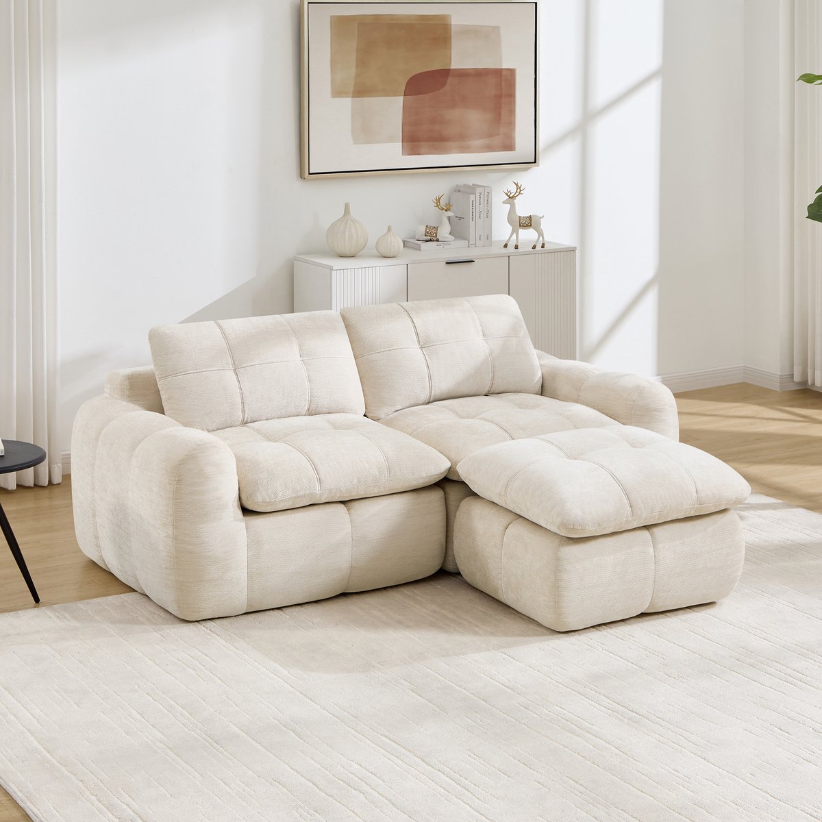MIVRAY Hoekbank 2-Zits 194 x 160 x 68 cm Comfortabele L Vorm Modulair Bankstel Met 1 Ottoman Voor Woonkamer En Appartementen Beige