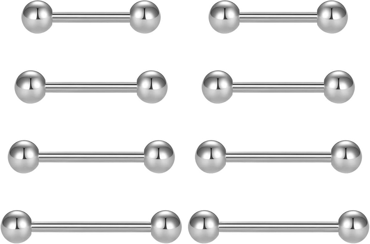 8 stuks tepelpiercing, tongpiercing, 14G, 1,6 mm chirurgisch staal, rechte barbells, tepelpiercing, industriële piercing, sieradenset, 12 mm, 14 mm, 16 mm, 18 mm, zilver, zwart, goud