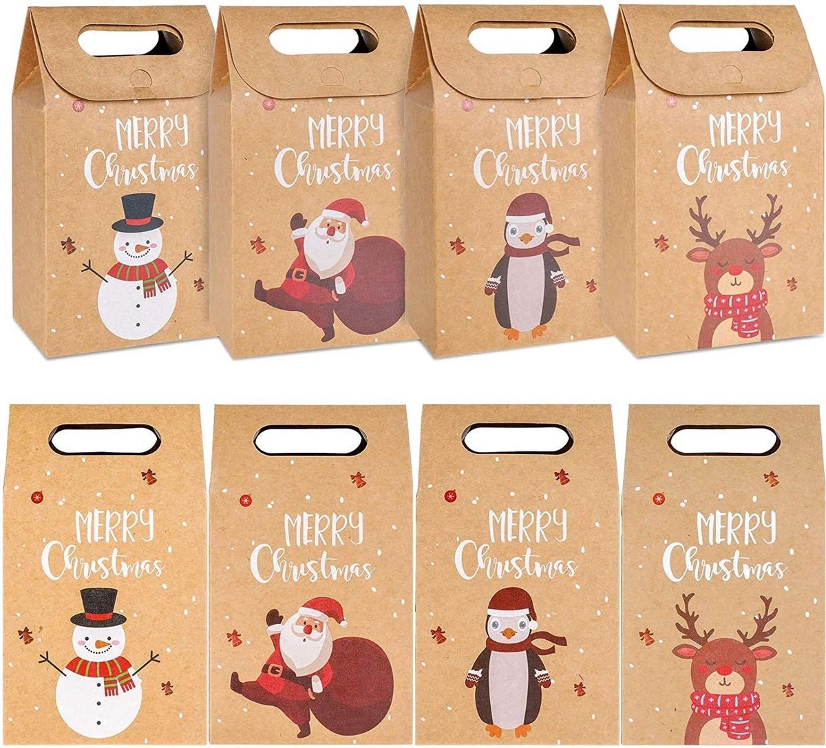 32 stuks kerst Kraft geschenkdozen, 4 stijlen herbruikbare ambachtelijke papieren dozen voor geschenken, snoep koekjes kerstverpakking (17,5 x 11 x 7 cm)