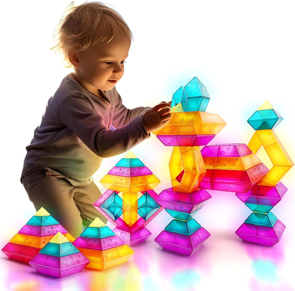 Bouwstenen voor peuters vanaf 3, 4, 5, 6 jaar, 30 stuks piramide stapelspeelgoed, gekleurde blokken, bouwspeelgoedset, STEM-speelgoed voor jongens en meisjes