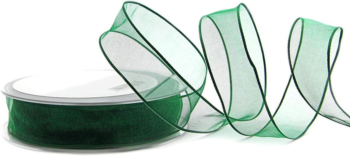 20 m x 25 mm, decoratieband, chiffon, donkergroen, groen, cadeaulint, lint, transparant organza met vormvaste randen, premium kwaliteit, bruiloft, verjaardag, chiffonlint, eenkleurig