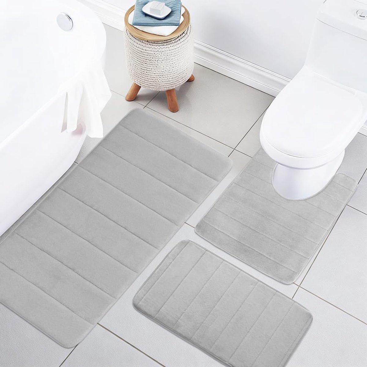 Badmatset, 3-delig, van traagschuim, badkamertapijt, antislip, wasbaar, complete badkamertapijtset, badkamertapijtset voor douche, toilet en badkuip, lichtgrijs