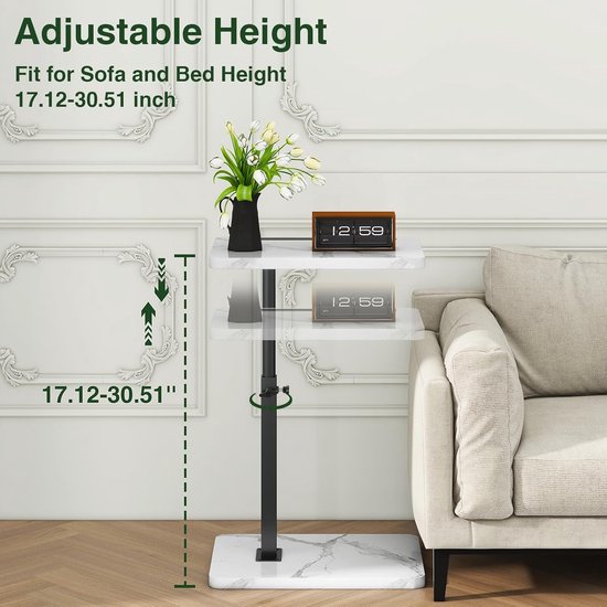 C-vormige bijzettafel, 360° draaibare in hoogte verstelbare eindtafel voor kleine ruimtes, met sleuf voor telefoon en tablet, moderne kleine koffietafel voor bank/bed, zwart en wit TVT003BW — afbeelding 2