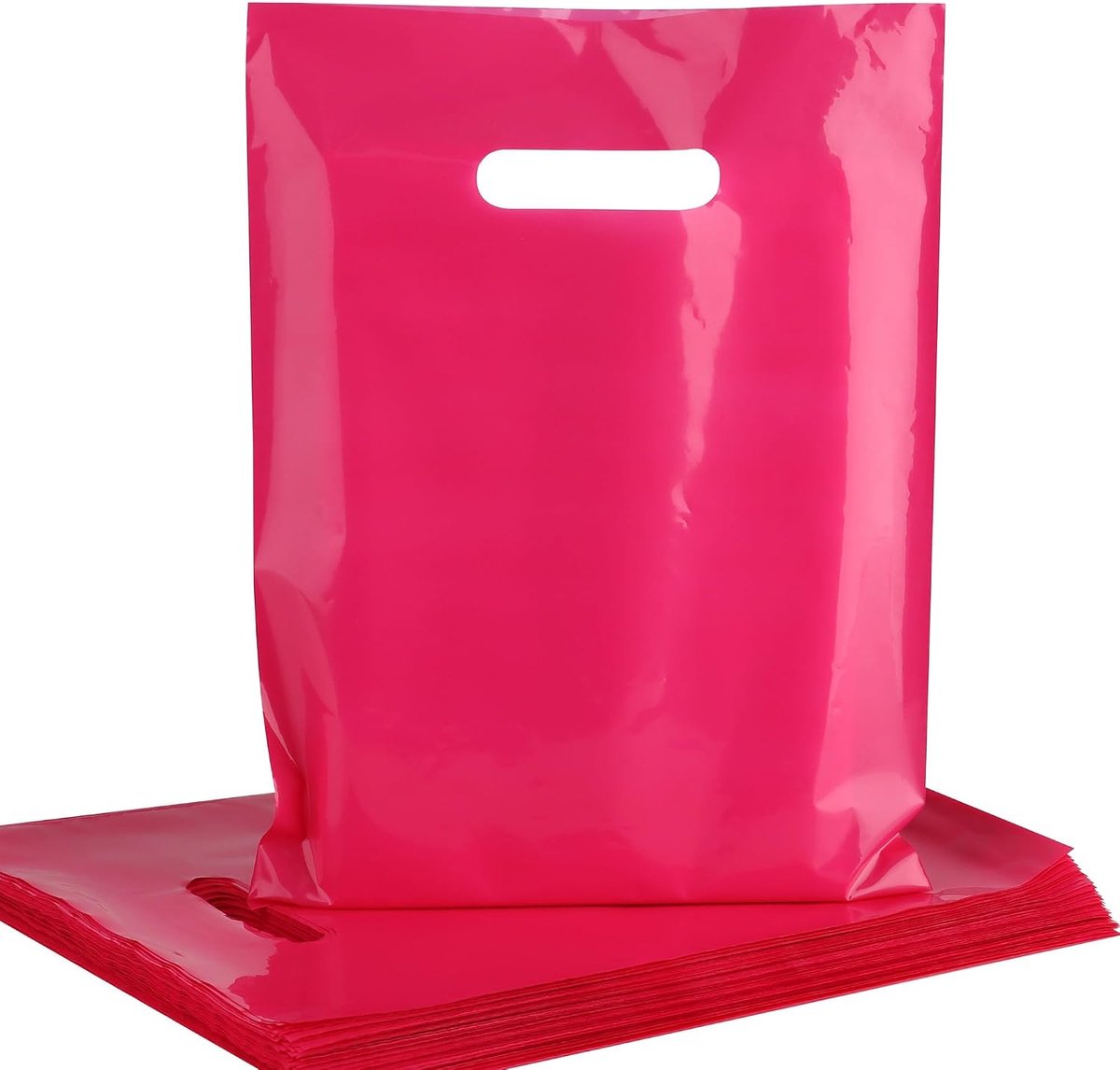 Roze plastic zakken met gestanste handgrepen, verpakking van 100 stuks - 23 x 30 cm, 1,75 ml dikke glanzende roze retail-boodschappentassen, bulk voor geschenkverpakking, feestartikelen