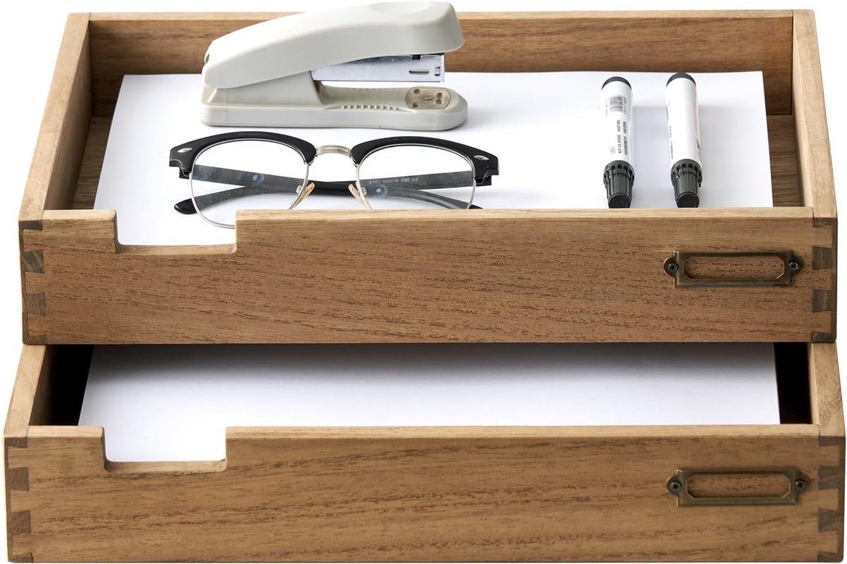 Houten Stapelbare Brief Organizer voor Bureau, 2-delige Set met Metalen Labelhouder voor Deskundige Organisatie in Geel en Bruin