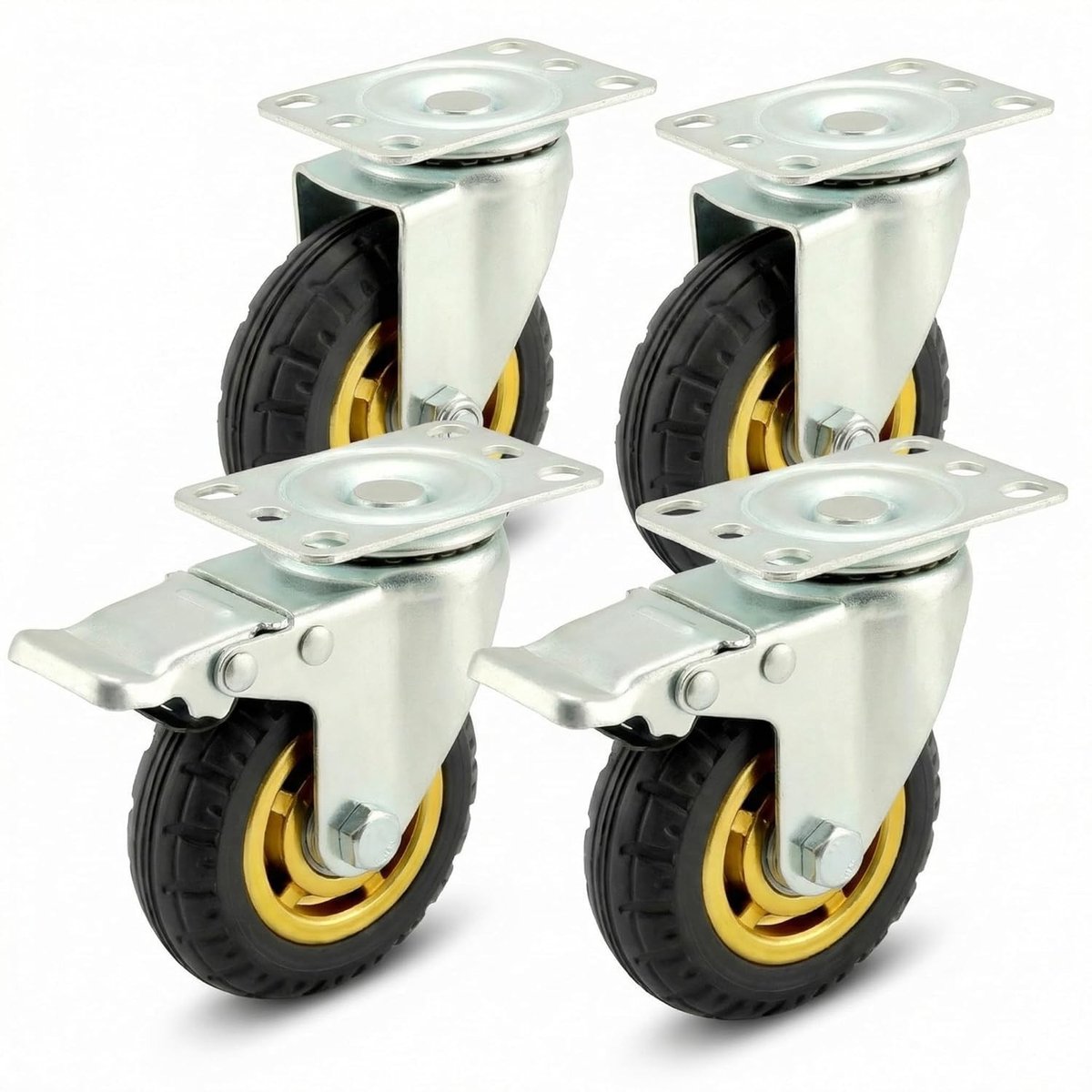 Set van 4 zware 100 mm wielen - Tot 70 kg per wiel - Schokabsorberende zwenkwielen voor meubels en industrieel transport (2 zwenkwielen + 2 met rem)