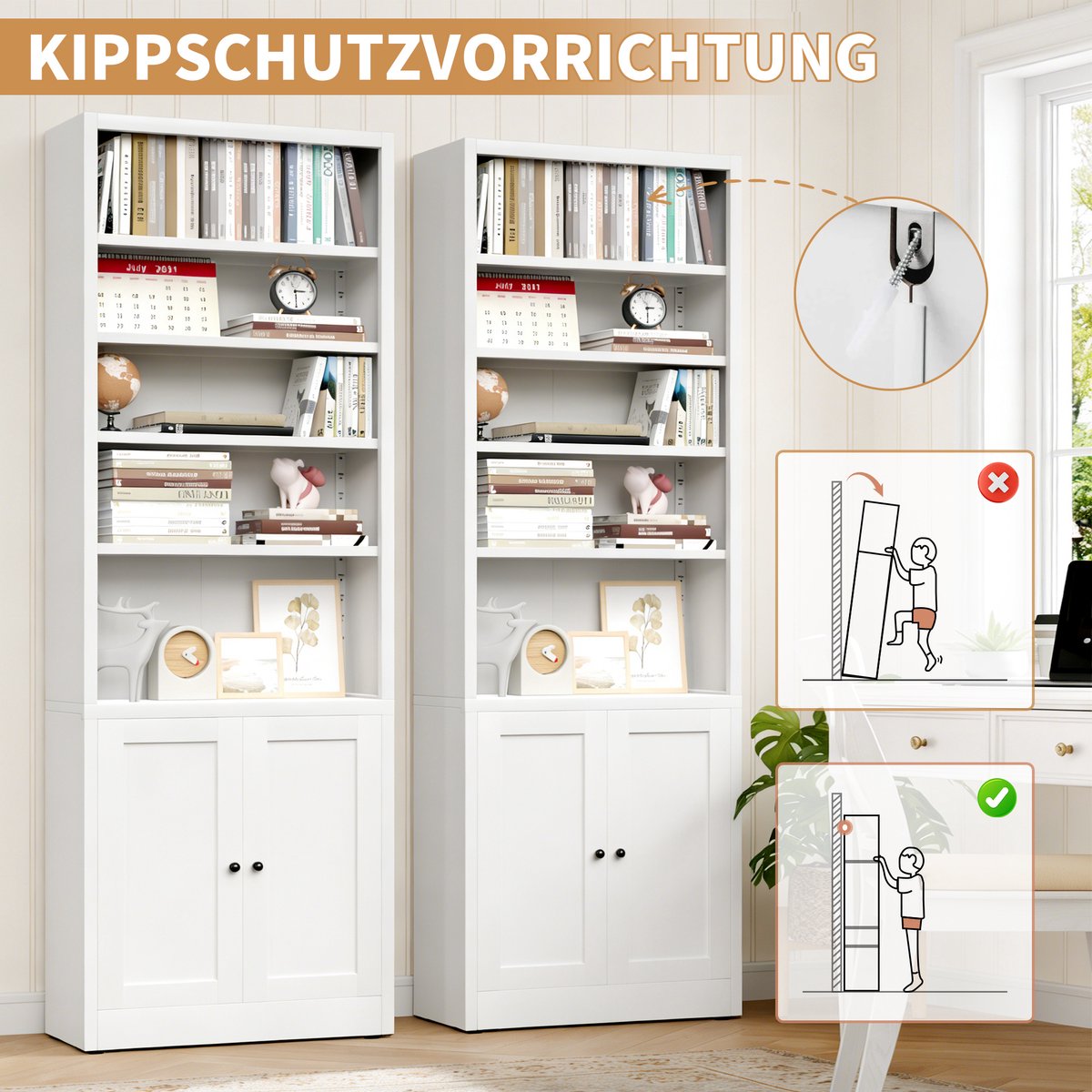 COVREO Boekenkast 180,3 x 60 x 23,6 cm wit metaal, 5 niveaus met deur