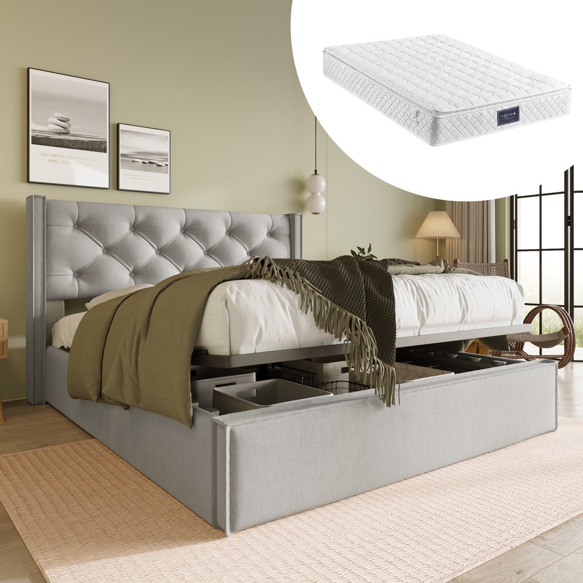 Bedframe - 140x200 Cm - Bed - Met Lattenbodem - Met Opbergruimte - Grijs - Met Matras