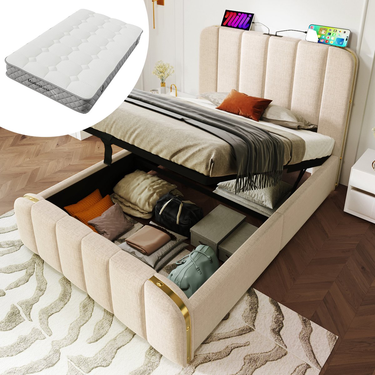Bedframe - 90x200 Cm - Bed - Met Lattenbodem - Met Opbergruimte - USB C - Beige - Met Matras