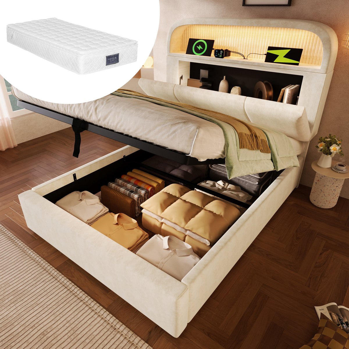Bedframe - 90x200 Cm - Bed - Met Lattenbodem - Met Opbergruimte - LED - USB C - Beige - Met Matras