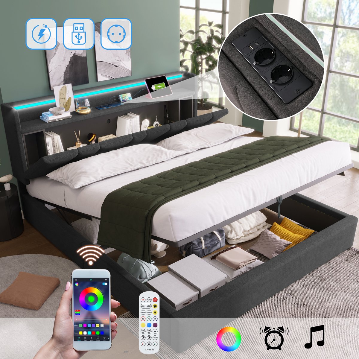 Bedframe - 140x200 Cm - Bed - Met Opbergruimte - LED - USB C - Grijs - Zonder Matras