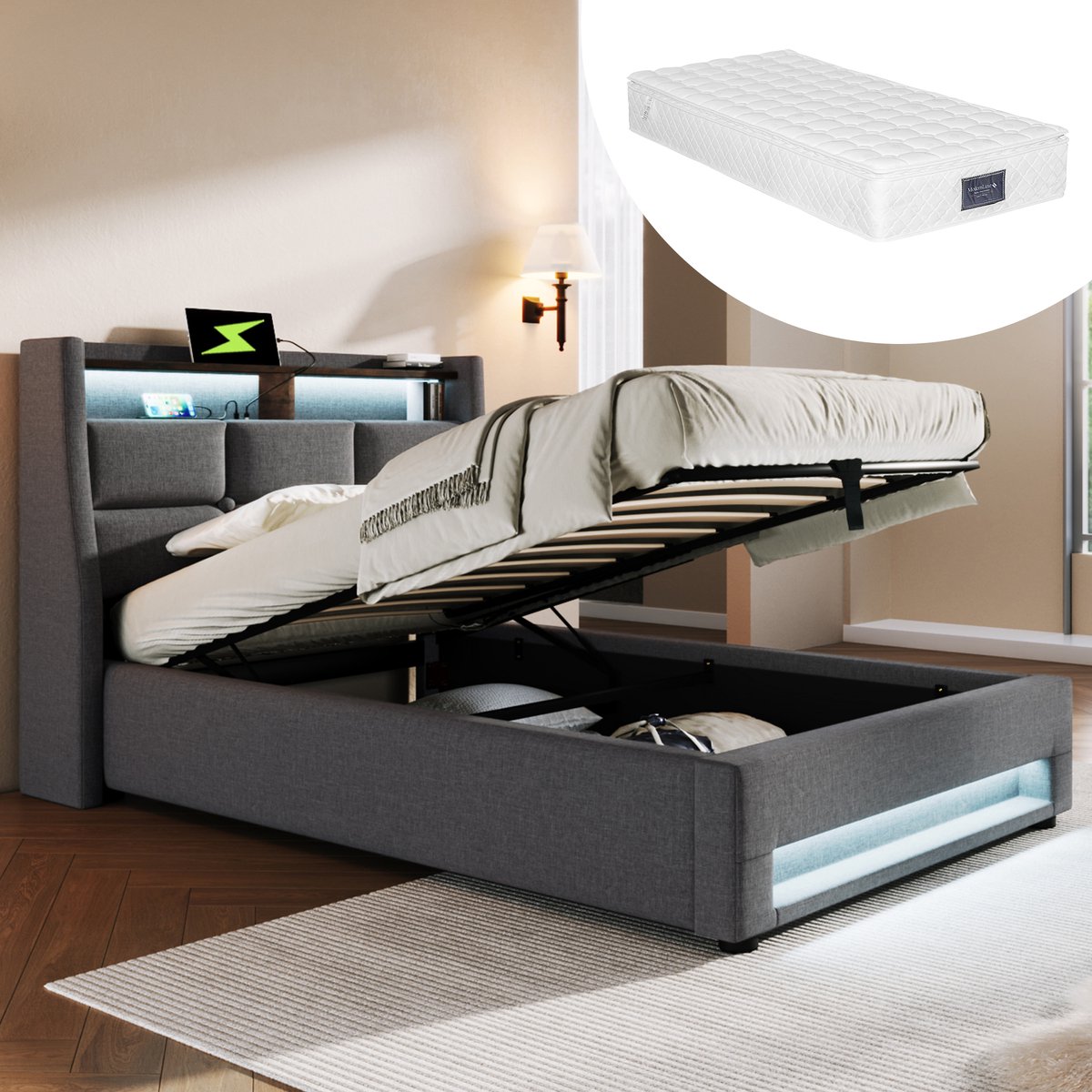 Bedframe - 90x200 Cm - Bed - Met Lattenbodem - LED - USB C - Grijs - Met Matras