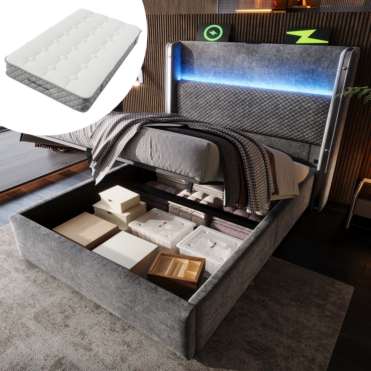 Bedframe - 90x200 Cm - Bed - Met Lattenbodem - Met Opbergruimte - LED - USB C - Grijs - Met Matras
