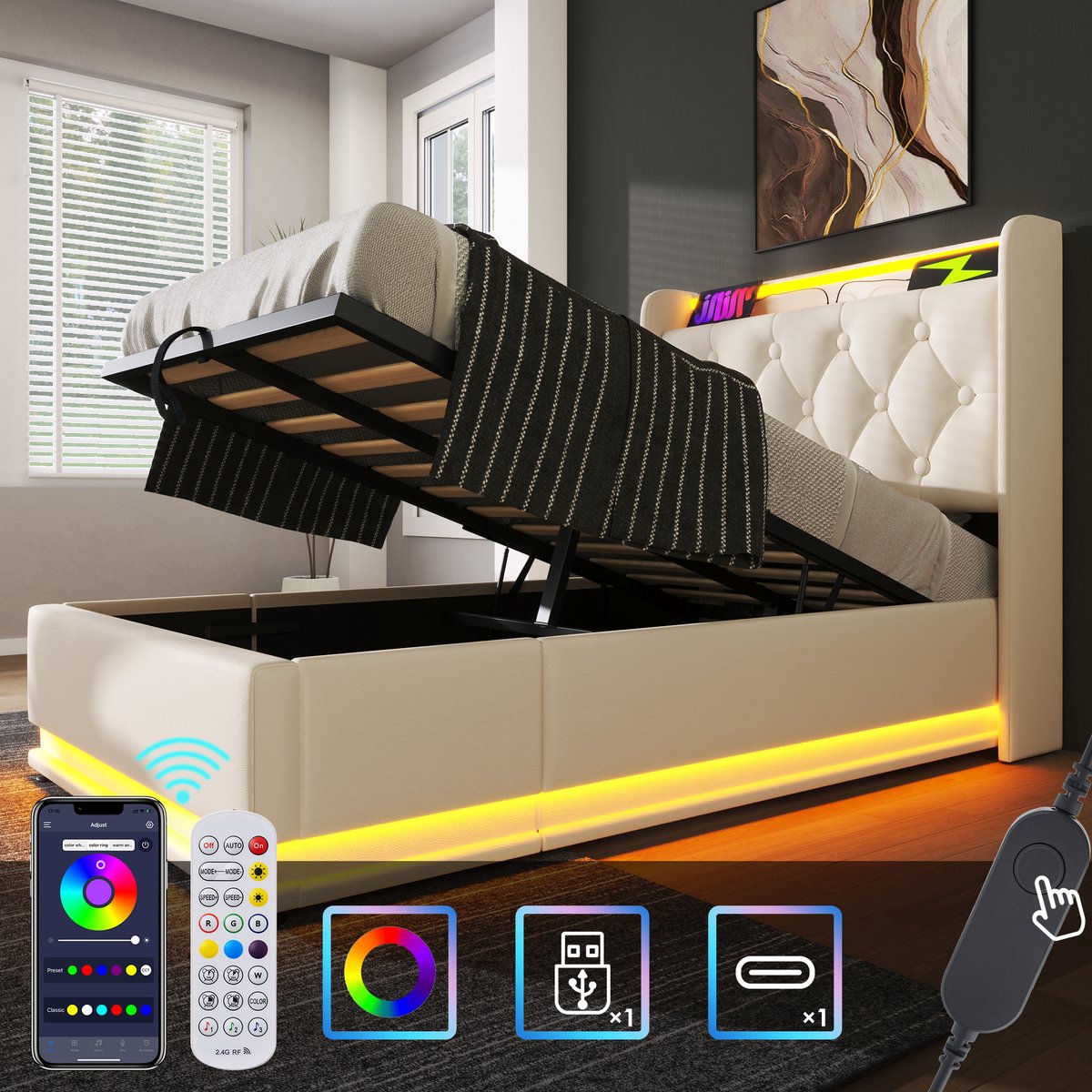 Bedframe - 90x200 Cm - Bed - Met Lattenbodem - Met Opbergruimte - LED - USB C - Wit - Zonder Matras