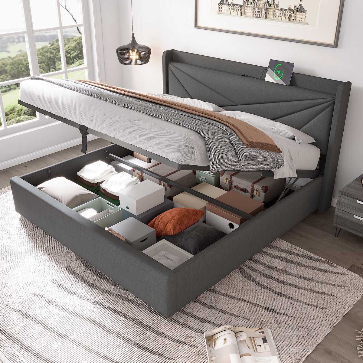 Bedframe - 180x200 Cm - Bed - Met Lattenbodem - Met Opbergruimte - USB C - Grijs - Zonder Matras